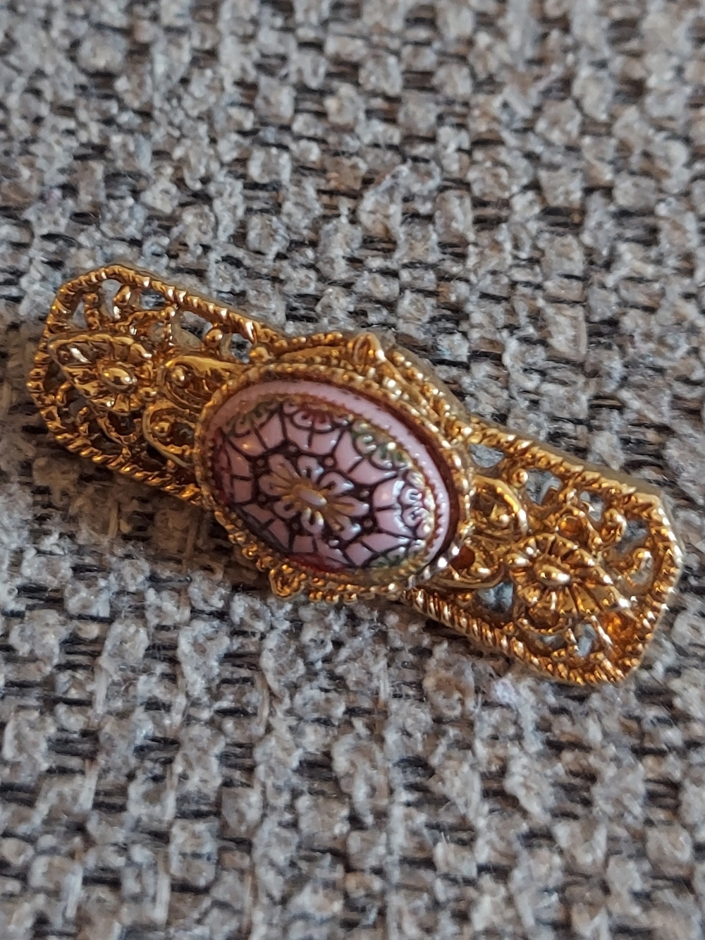 Vintage Gold Filigree Brooch with Pink Enamel Medallion